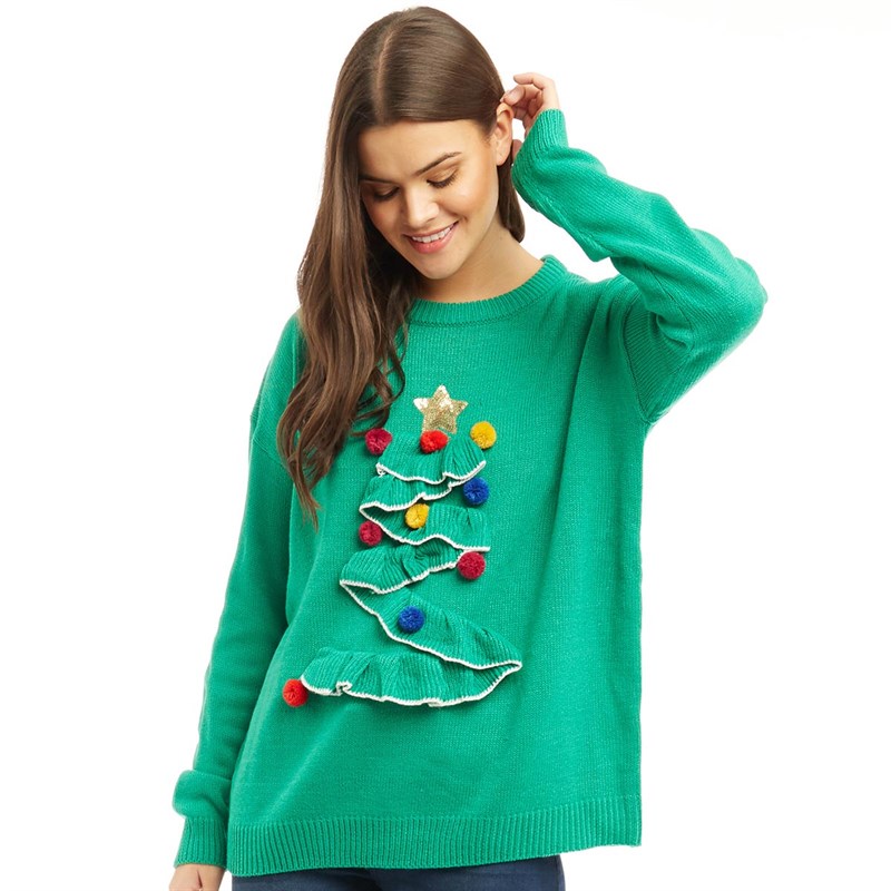 Buy Brave Soul Womens 3D Frill Christmas Tree Jumper Green