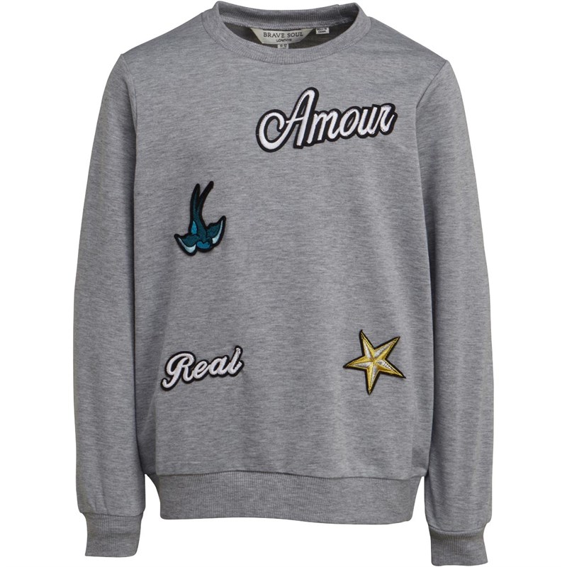 Buy Brave Soul Junior Girls Badge J Adore Sweat Top Grey