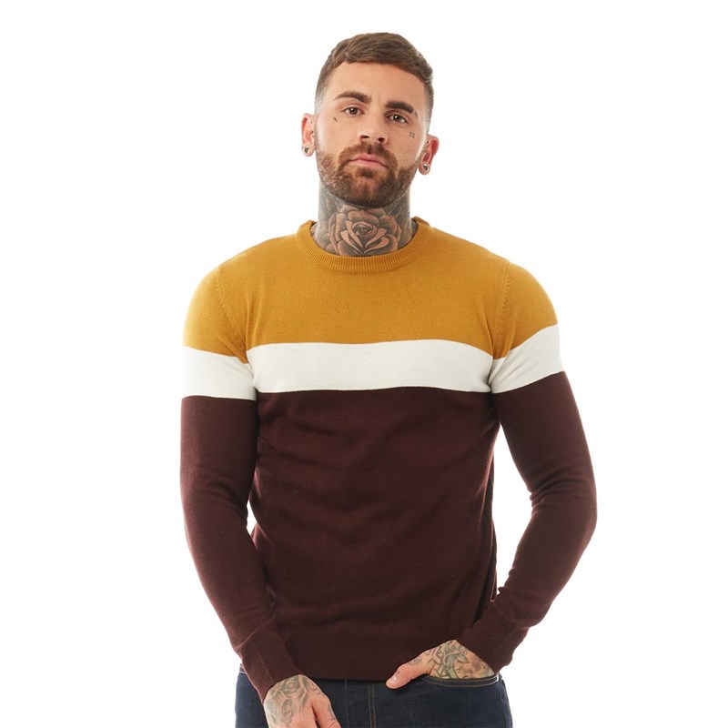 Buy Brave Soul Mens Maxon Crew Neck Jumper Oxblood/Vintage White/Camel