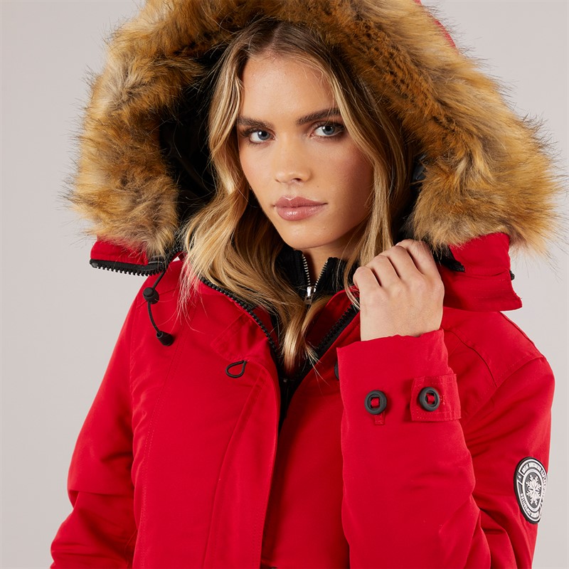 Brave Soul Womens Jacobs Faux Fur Parka Coat Red/Natural