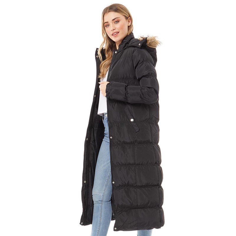 Brave Soul Womens Hop Maxed Padded Coat With Faux Fur Trim And Detachable Hood Black/Natural