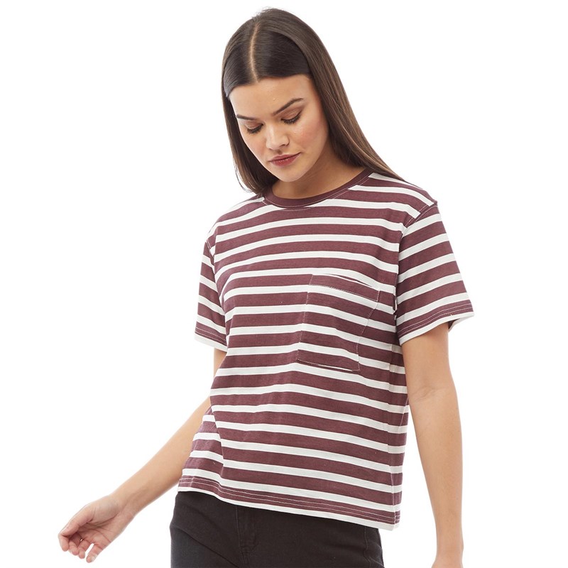 Buy Brave Soul Womens Goddard TShirt Burgundy/Ecru Stripe