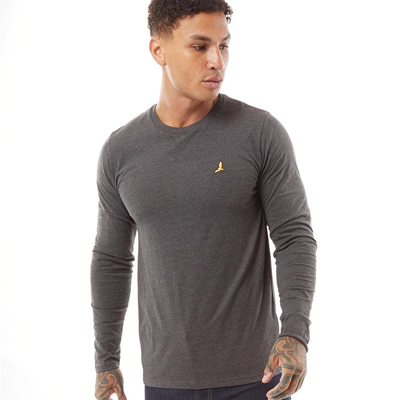 Brave Soul Mens Franz Long Sleeve Crew Neck T-Shirt Dark Charcoal Marl/Light Grey Marl