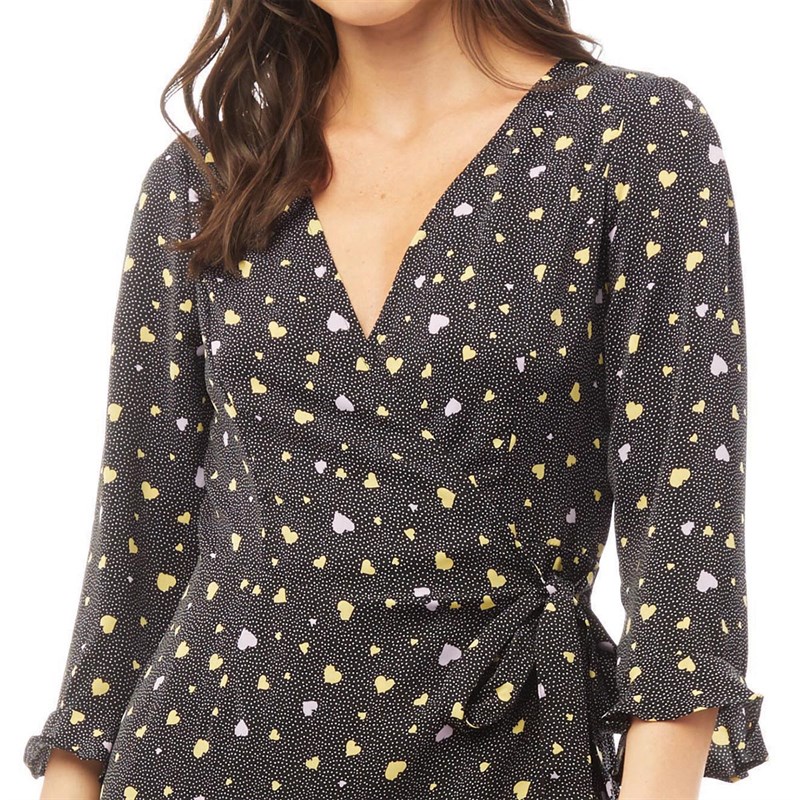 Brave Soul Womens Kendra Wrap Dress Black/Yellow/Lilac Heart Combo