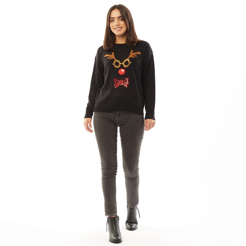 Brave Soul Damer Christmas Red Nose Reindeer Sweater med julemotiv Sort