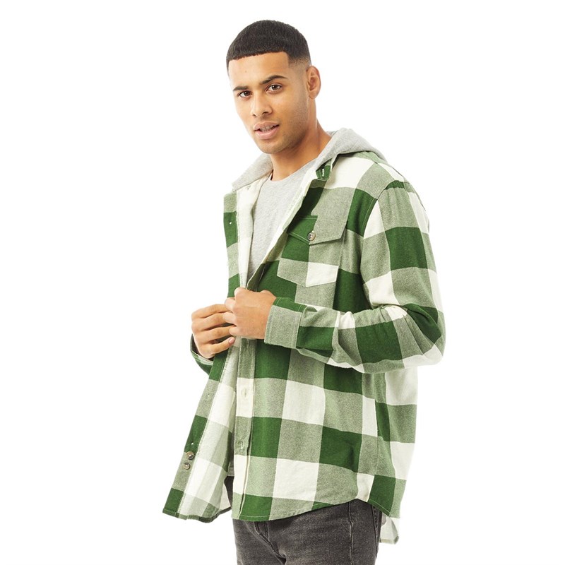 Brave Soul Mens Ingaro Long Sleeve Brushed Check Shirt With Jersey Hood Green/Ecru