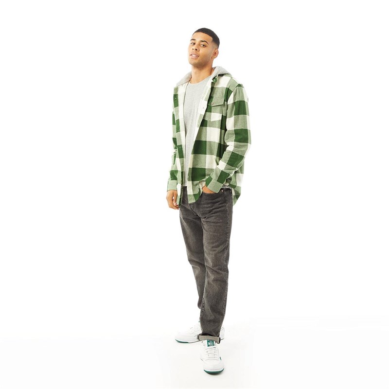 Brave Soul Mens Ingaro Long Sleeve Brushed Check Shirt With Jersey Hood Green/Ecru