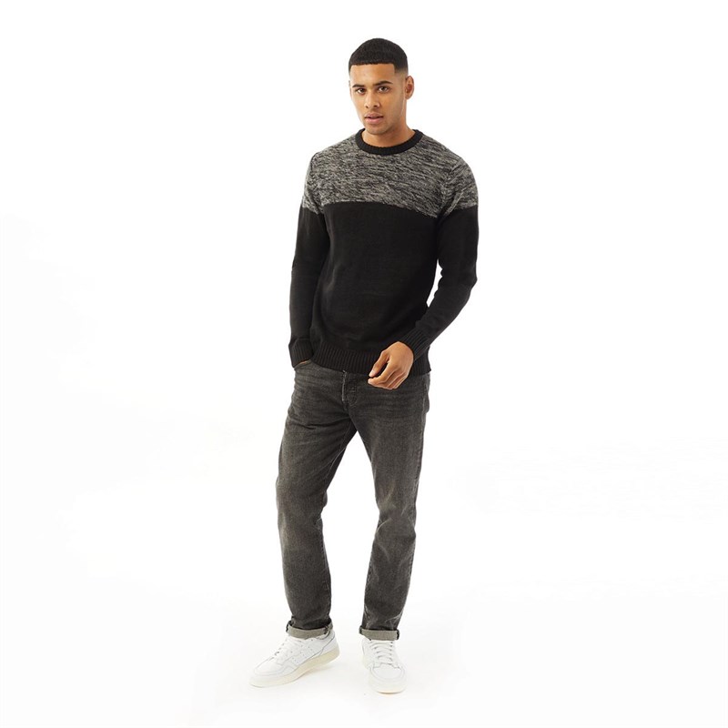 Brave Soul Mens Roland Crew Neck Jumper Black/Black/Grey