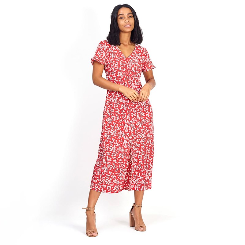 red ditsy midi dress