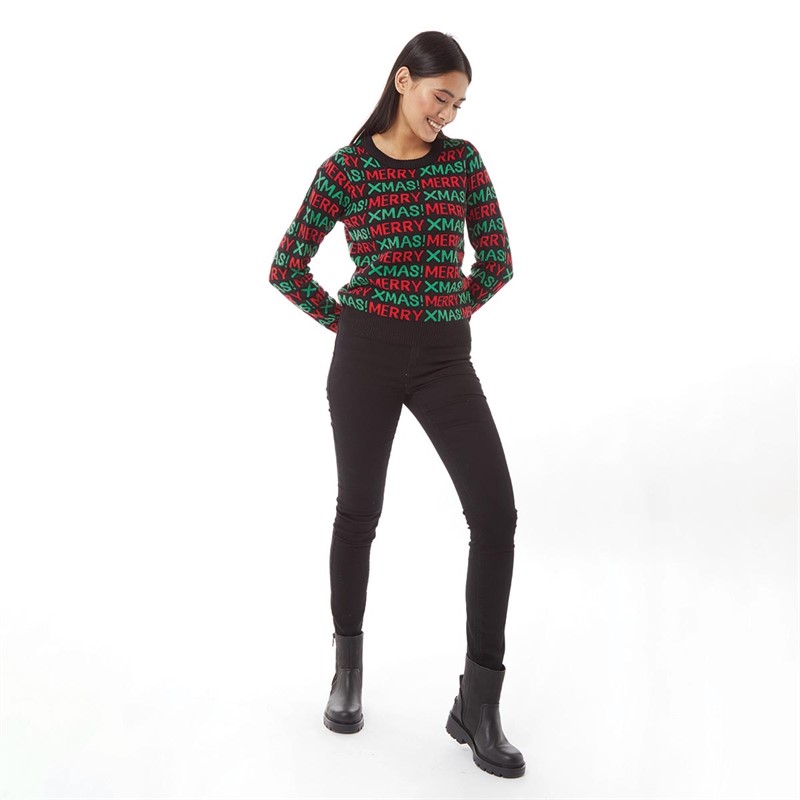 Brave Soul Womens Merry Christmas Jumper Black