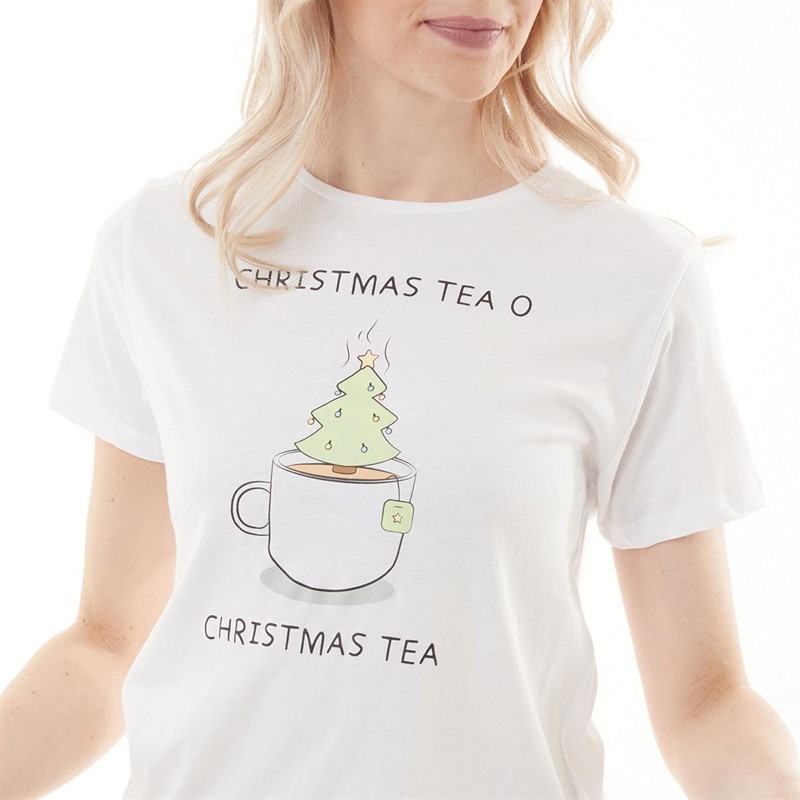 Brave Soul Womens Xmas Tea Christmas Shortsie Pyjamas White/Green