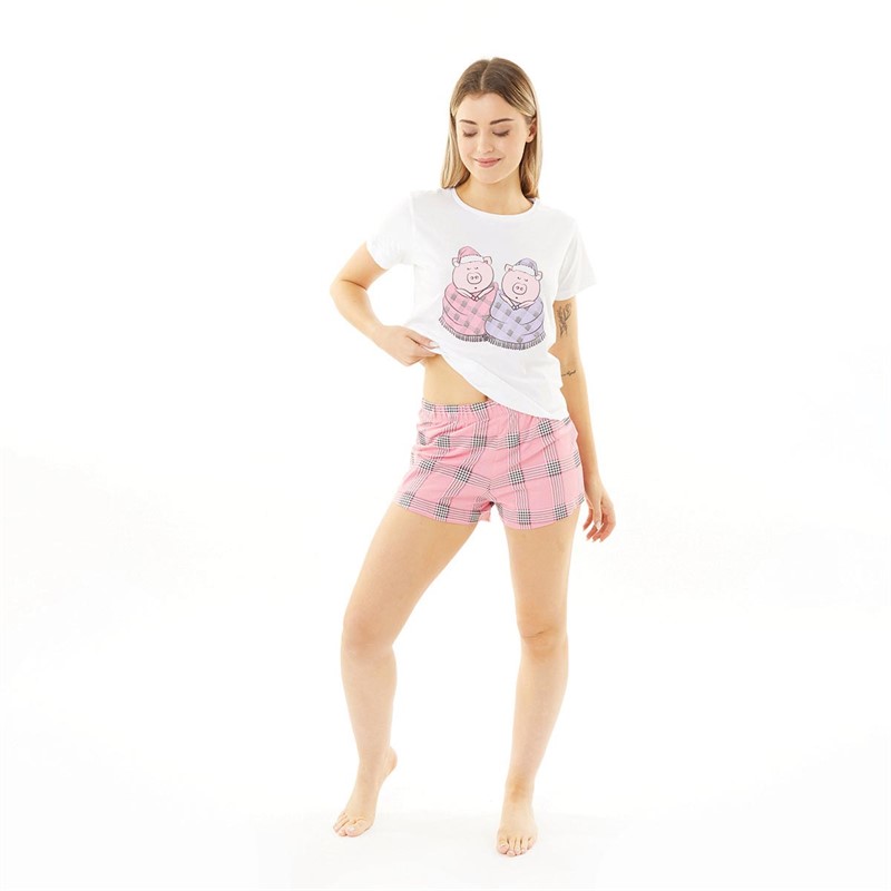 Brave Soul Womens Pigs Shortsie Pyjamas White/Pink
