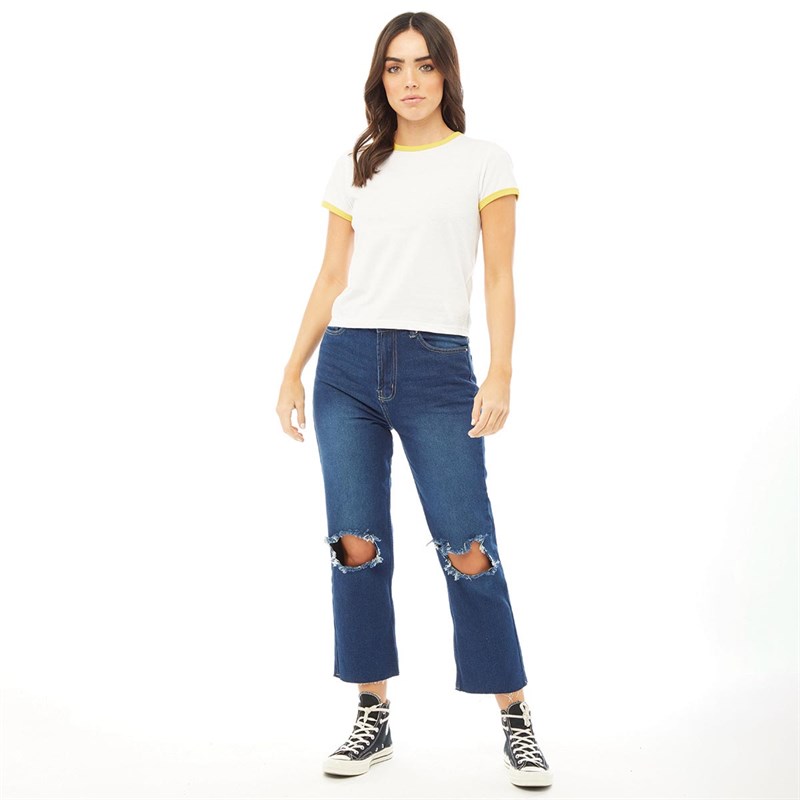 Brave Soul Womens Claudia Contrast Neck And Sleeve Rib T-shirt White/Sulphur