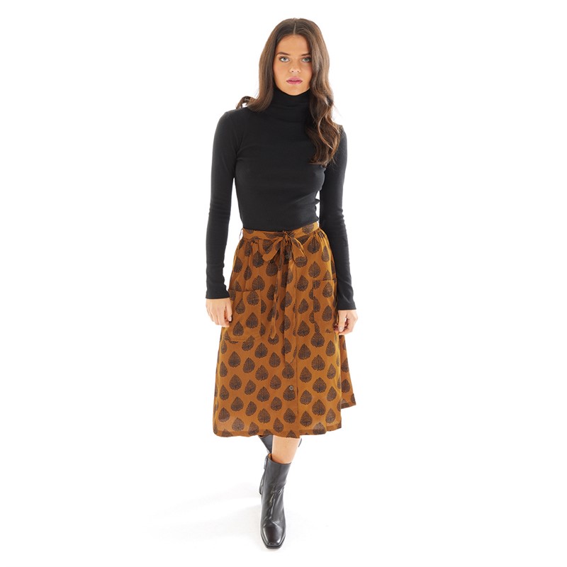 Brave Soul Womens Leaf Print Skirt Mustard Leaf Print