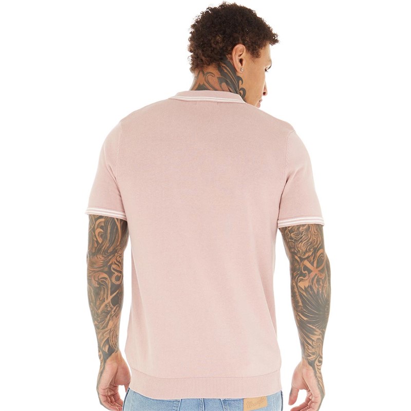 Brave Soul Mens Campos Knitted Polo Dusty Pink/Optic White