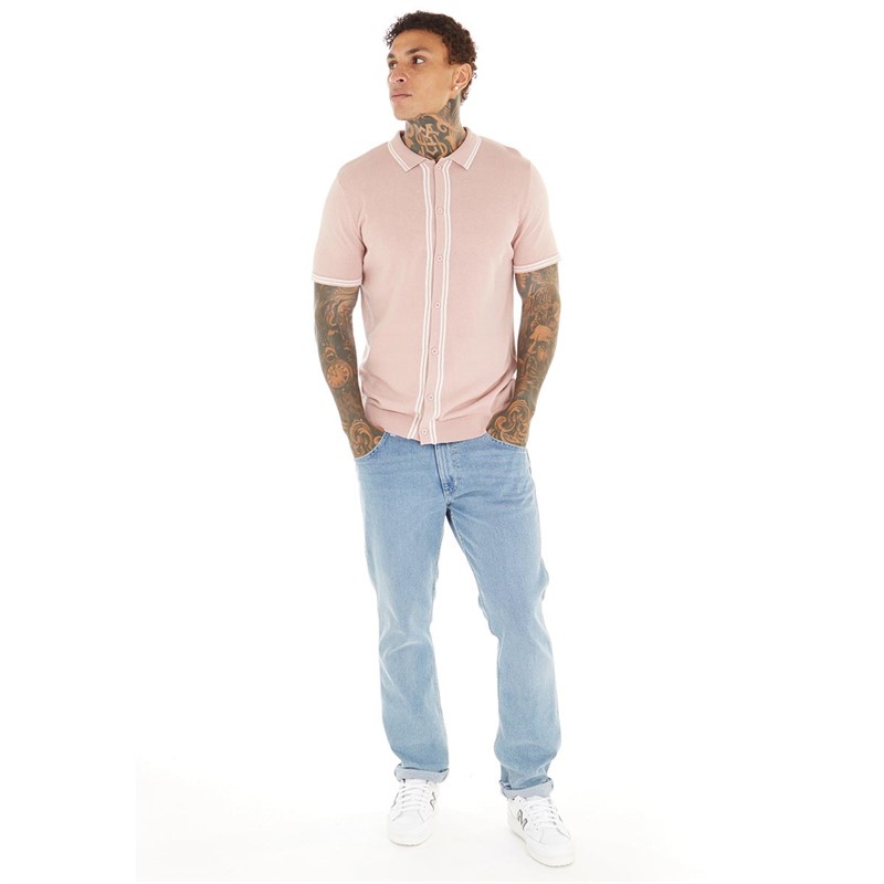 Brave Soul Mens Campos Knitted Polo Dusty Pink/Optic White