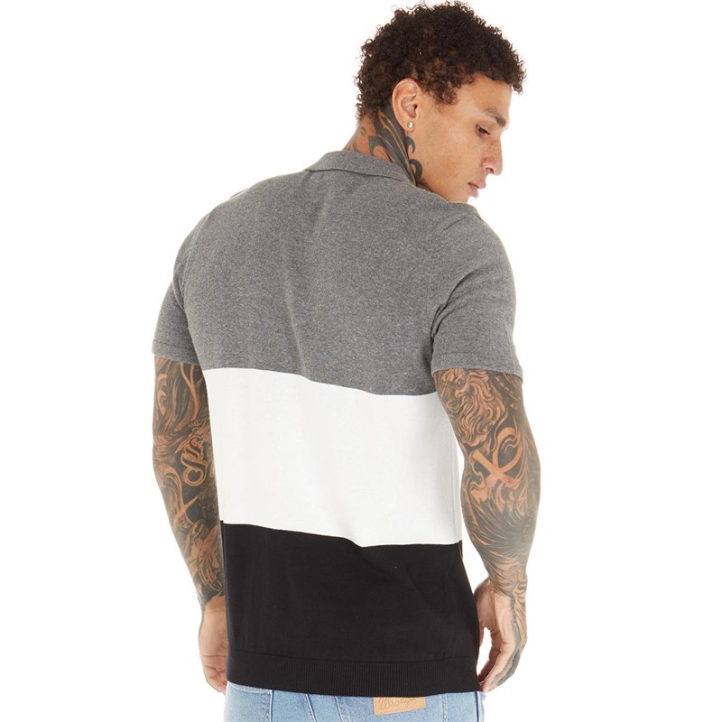 Brave Soul Mens Morales Knitted Polo Dark Grey Marl/Vintage White/Black