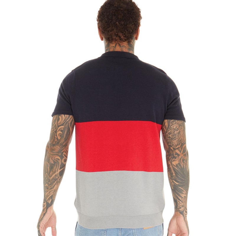 Brave Soul Mens Morales Knitted Polo Midnight Navy/Red/Light Grey Marl
