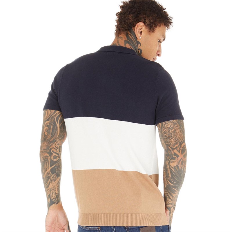 Brave Soul Mens Morales Knitted Polo Midnight Navy/Vintage White/Tan