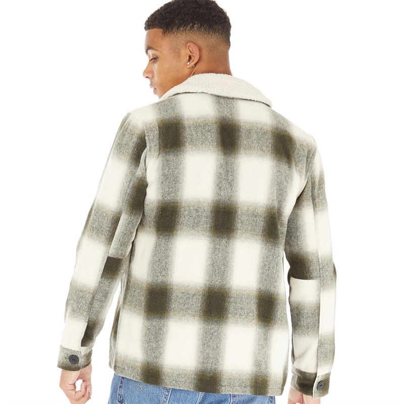 Brave Soul Mens Augustus Checked Sherpa Collar Jacket Green/Cream Check