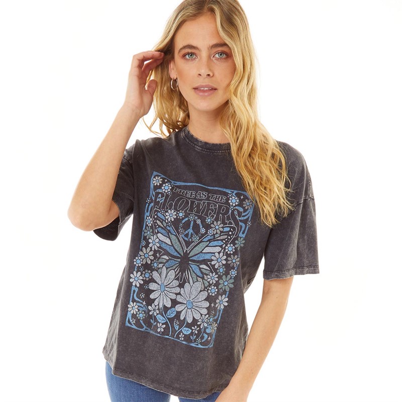 Brave Soul Womens Courtney T-Shirt Charcoal Acid Wash