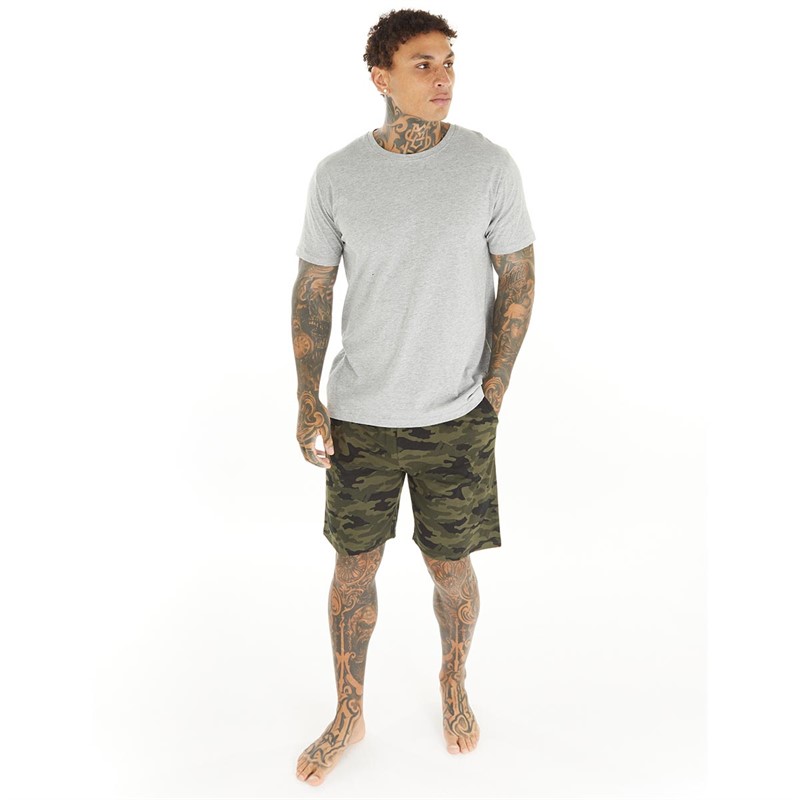 Brave Soul Mens Cammie T-Shirt And Shorts Lounge Set Grey Marl/Camo