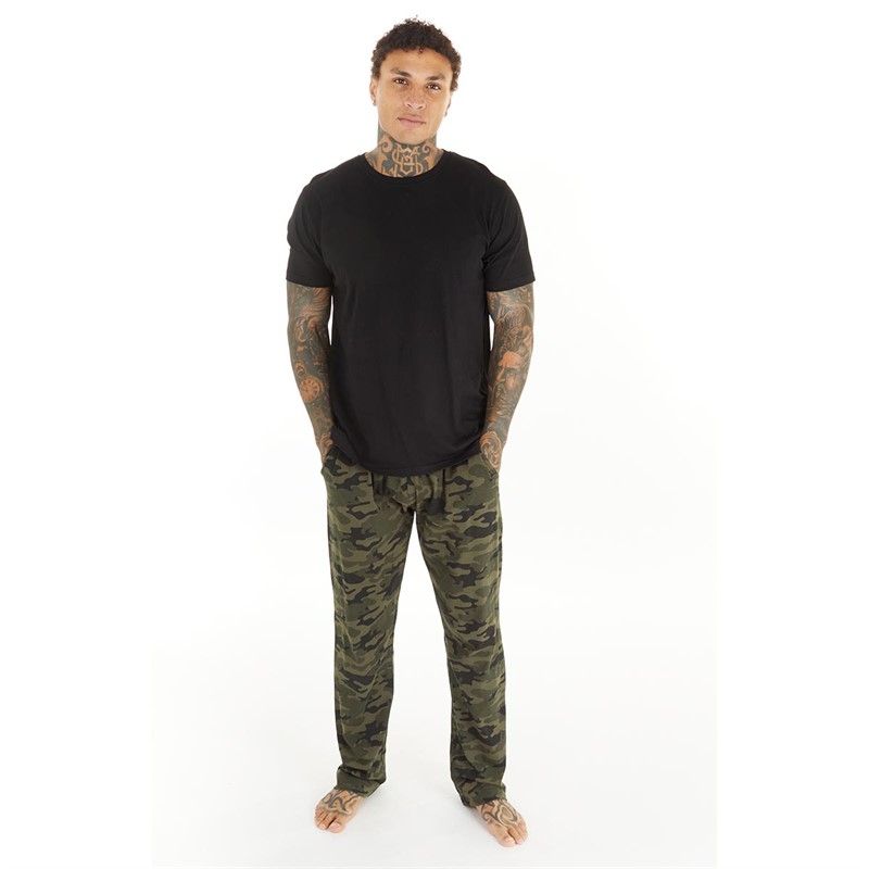 Brave Soul Mens Cammie Long Sleeve Top And Lounge Pants Set Black/Camo
