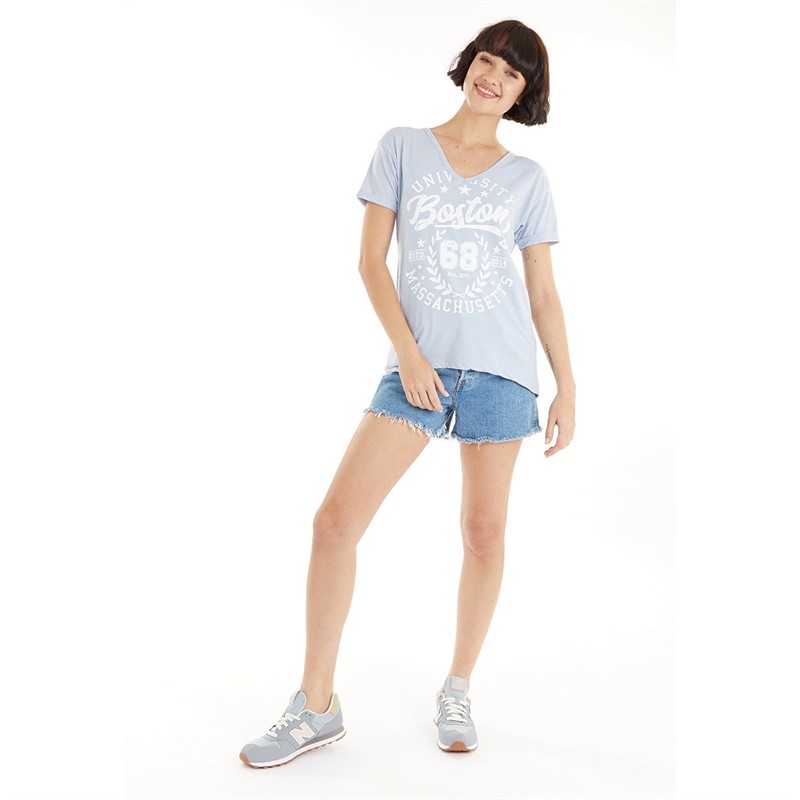 Brave Soul Womens Boston V-Neck T-Shirt Pale Blue
