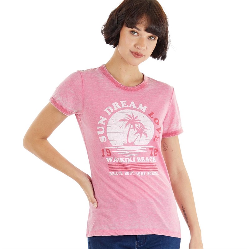 Brave Soul Womens Saffy T-Shirt Coral/Hot Pink