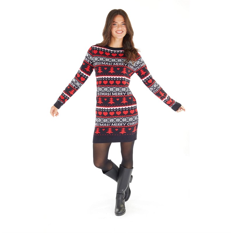 Brave Soul Womens Christmas Jingle Knitted Dress Navy/Multi