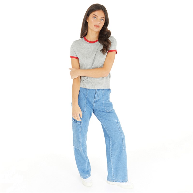 Brave Soul Womens Claudia T-Shirt Grey Marl/Red