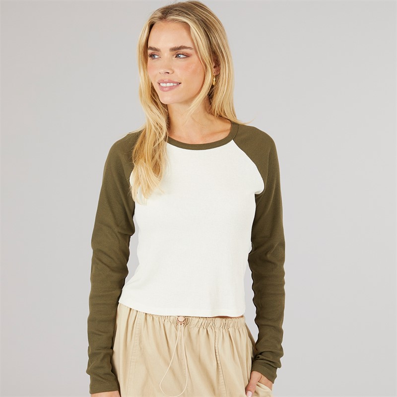 Brave Soul Womens Suzie Long Sleeve T-Shirt Cream/Khaki