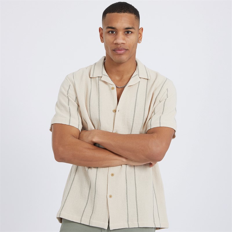 Brave Soul Mens Soresi Sorrt Sleeve Shirt Ecru/Sage Green