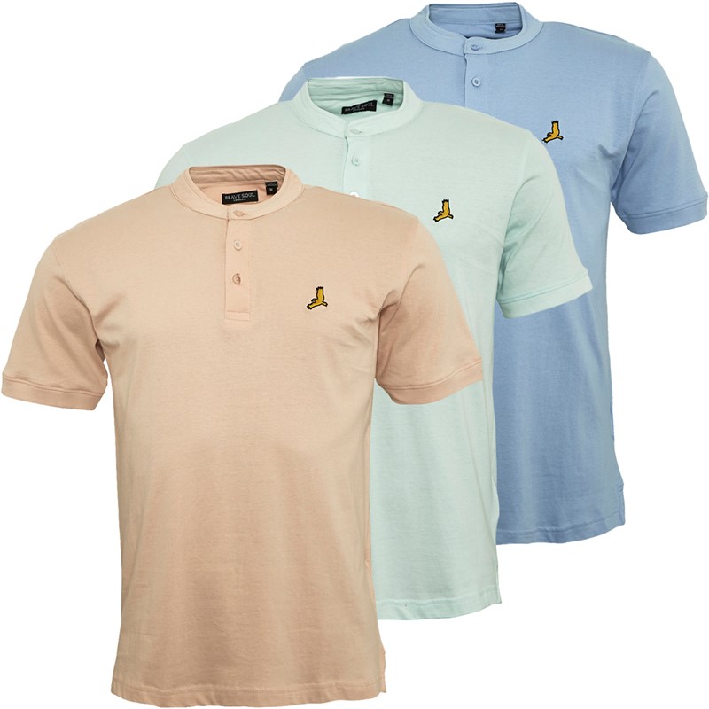 Brave Soul Mens Akari Three Pack Polos Pale Mint/Cloud Blue/Summer Pink