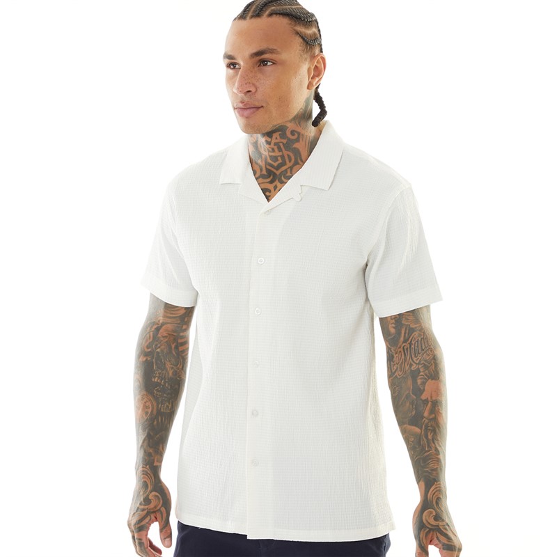 Brave Soul Mens Ripley Short Sleeve Shirt Optic White/Ecru Dobby