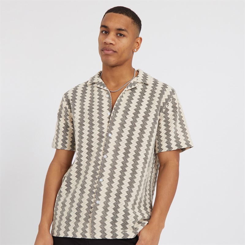Brave Soul Mens Soresi Short Sleeve Shirt Ecru/Black Crochet