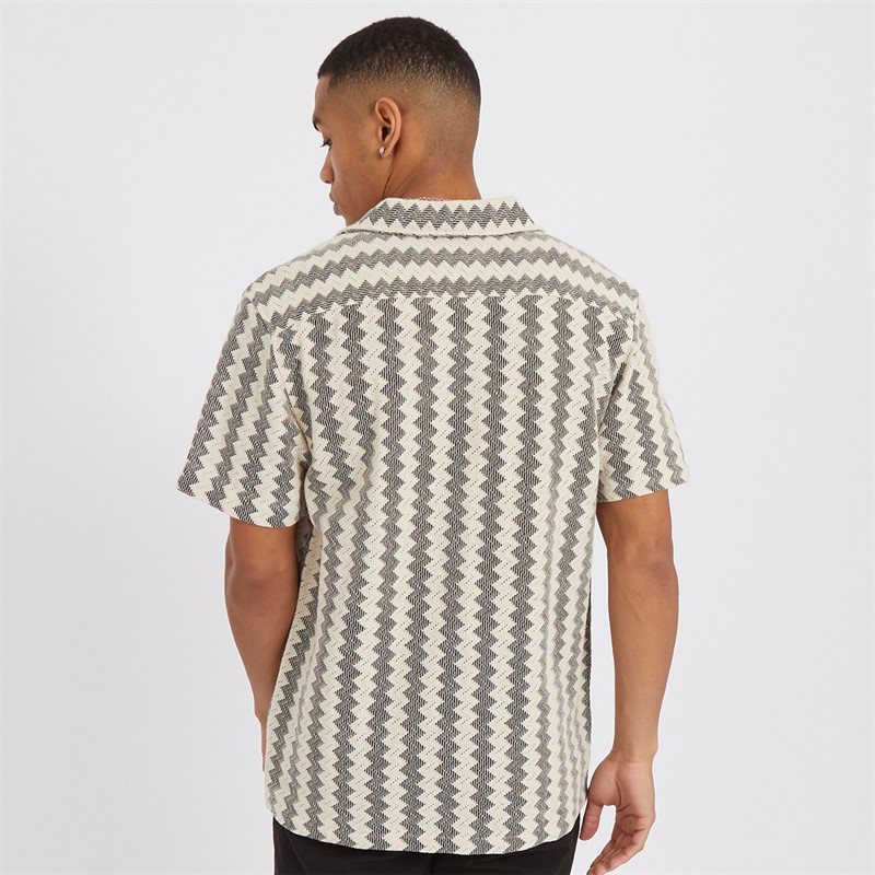 Brave Soul Mens Soresi Short Sleeve Shirt Ecru/Black Crochet