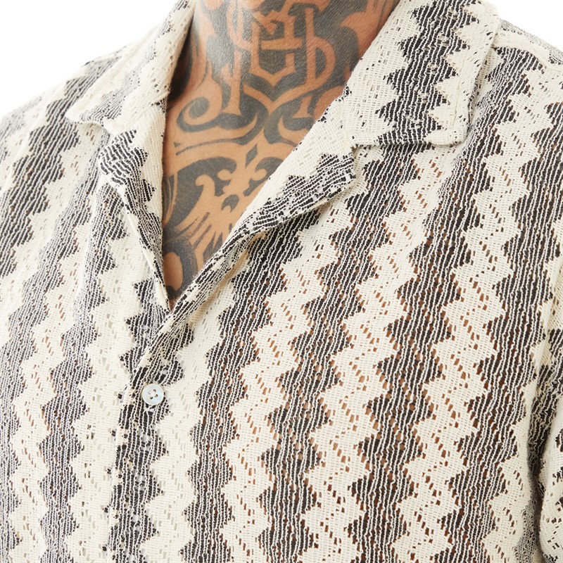 Brave Soul Mens Soresi Short Sleeve Shirt Ecru/Black Crochet