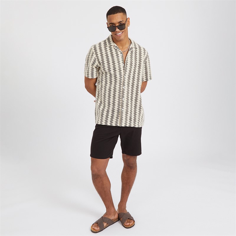 Brave Soul Mens Soresi Short Sleeve Shirt Ecru/Black Crochet
