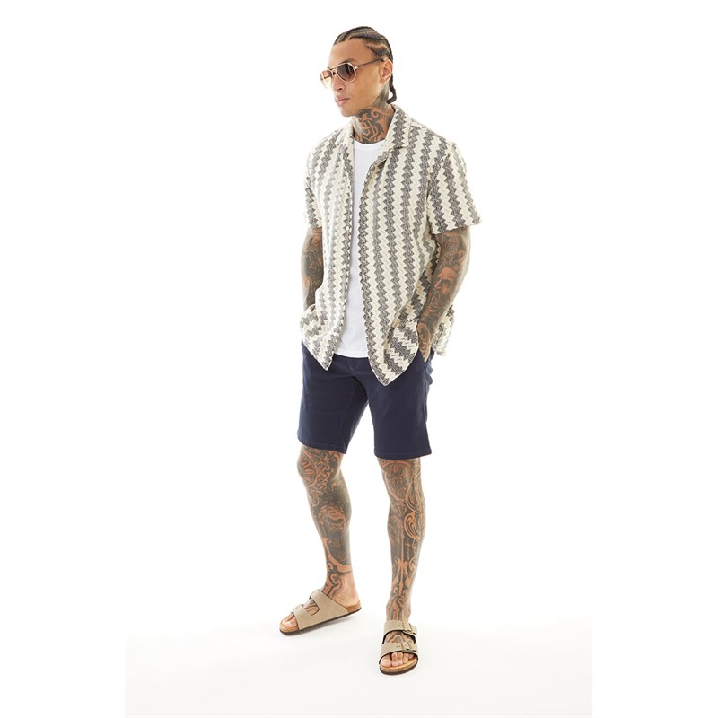 Brave Soul Mens Soresi Short Sleeve Shirt Ecru/Black Crochet