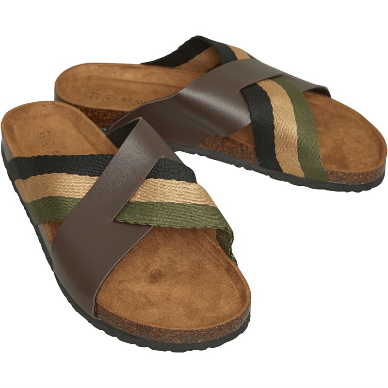 Brave Soul Mens Marvin Cross Strap Sandals Brown/Green/Gold