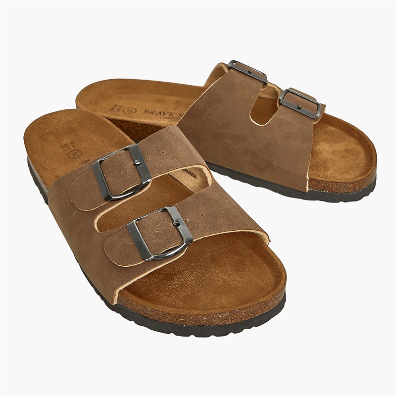 Brave Soul Womens Double Buckle Footbed Sandals Brown Washed