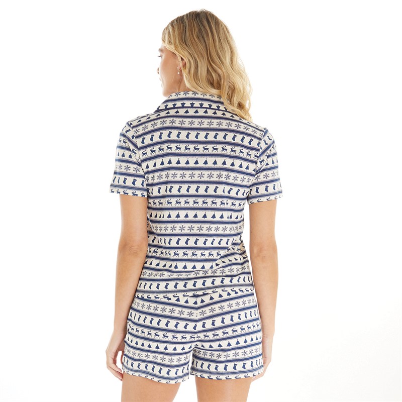 Brave Soul Womens Christmas Faye Shortie Pyjama Set Ecru/Navy