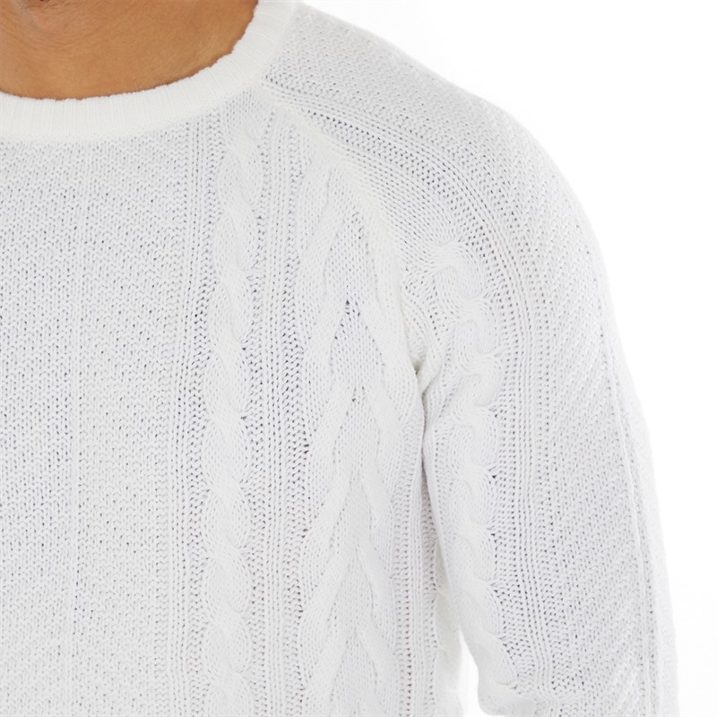 Brave Soul Mens Wilson Crew Neck Cable Knit Jumper Vintage White