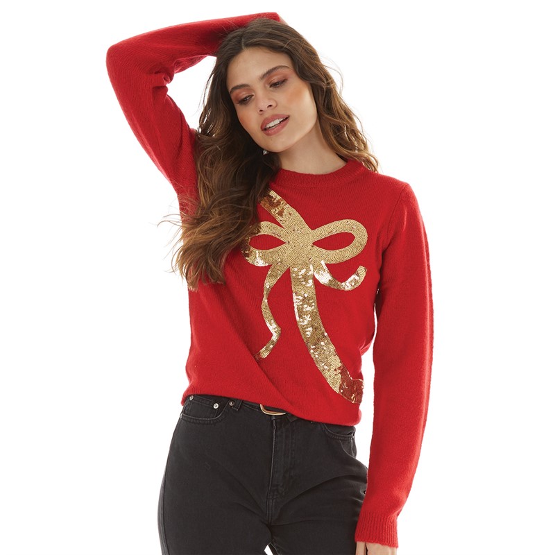 Brave Soul Womens Christmas Gifting Bow Jumper Red