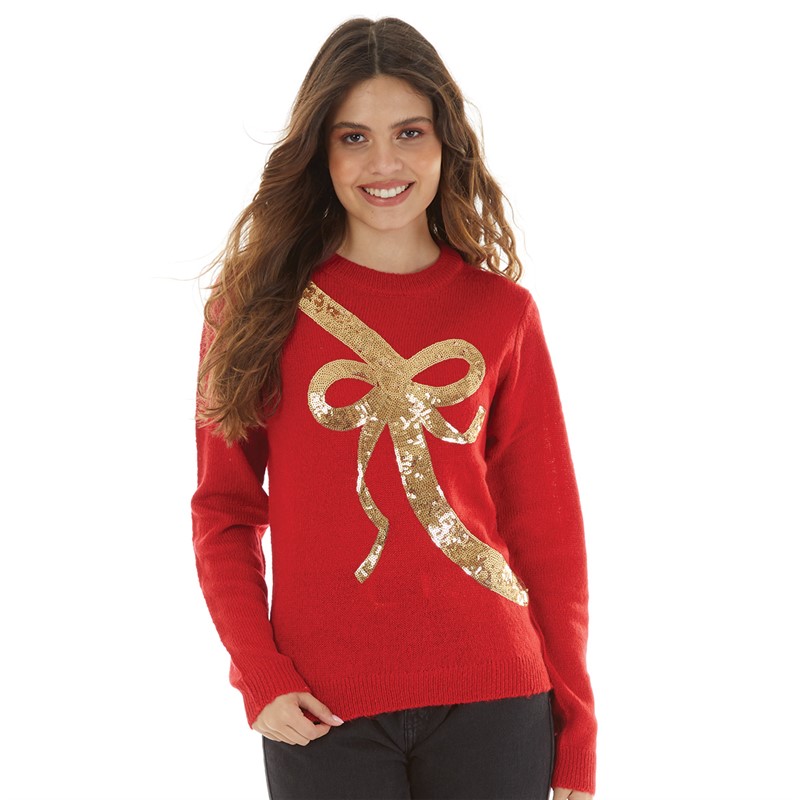 Brave Soul Womens Christmas Gifting Bow Jumper Red