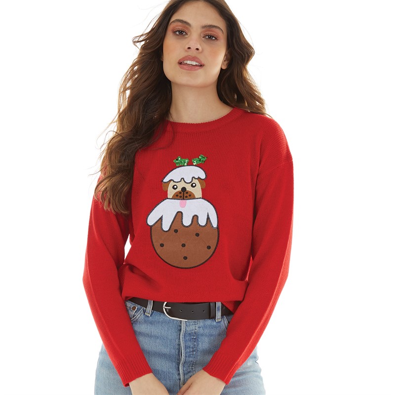 Brave Soul Womens Christmas Pugli Jumper Red