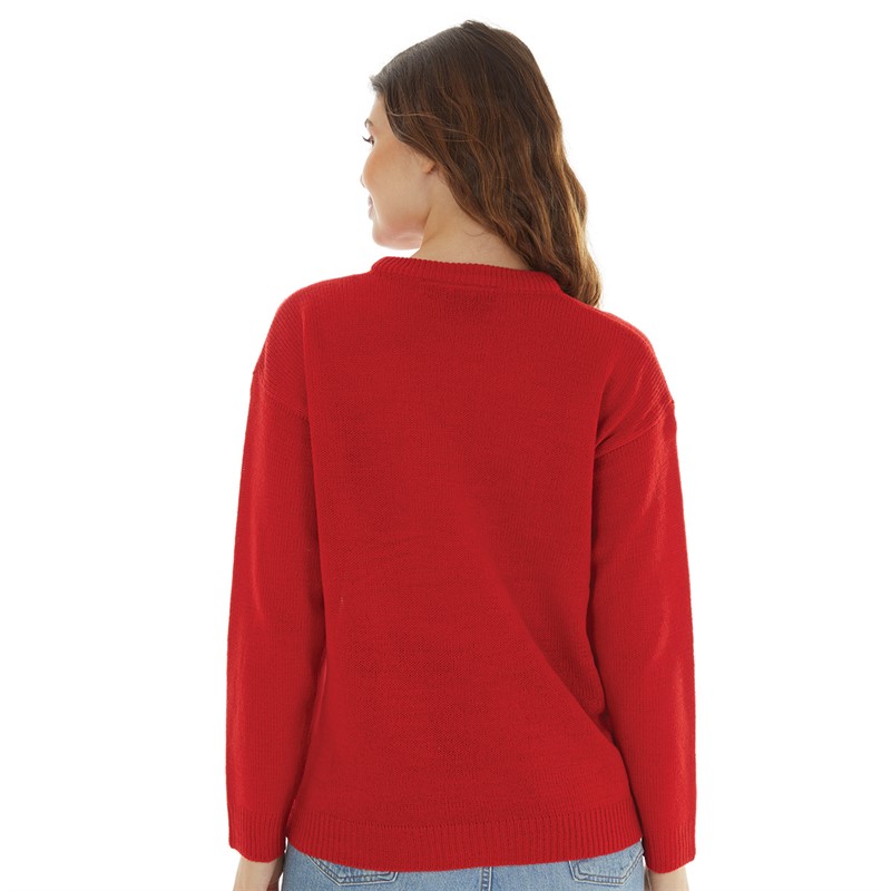 Brave Soul Womens Christmas Pugli Jumper Red