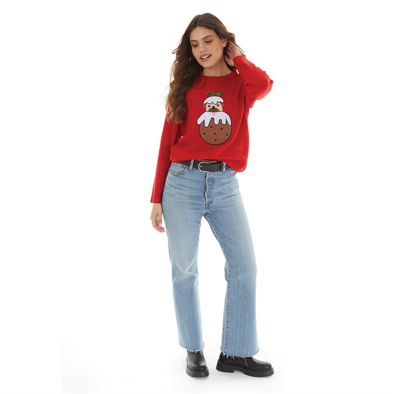 Brave Soul Womens Christmas Pugli Jumper Red