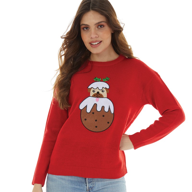 Brave Soul Womens Christmas Pugli Jumper Red